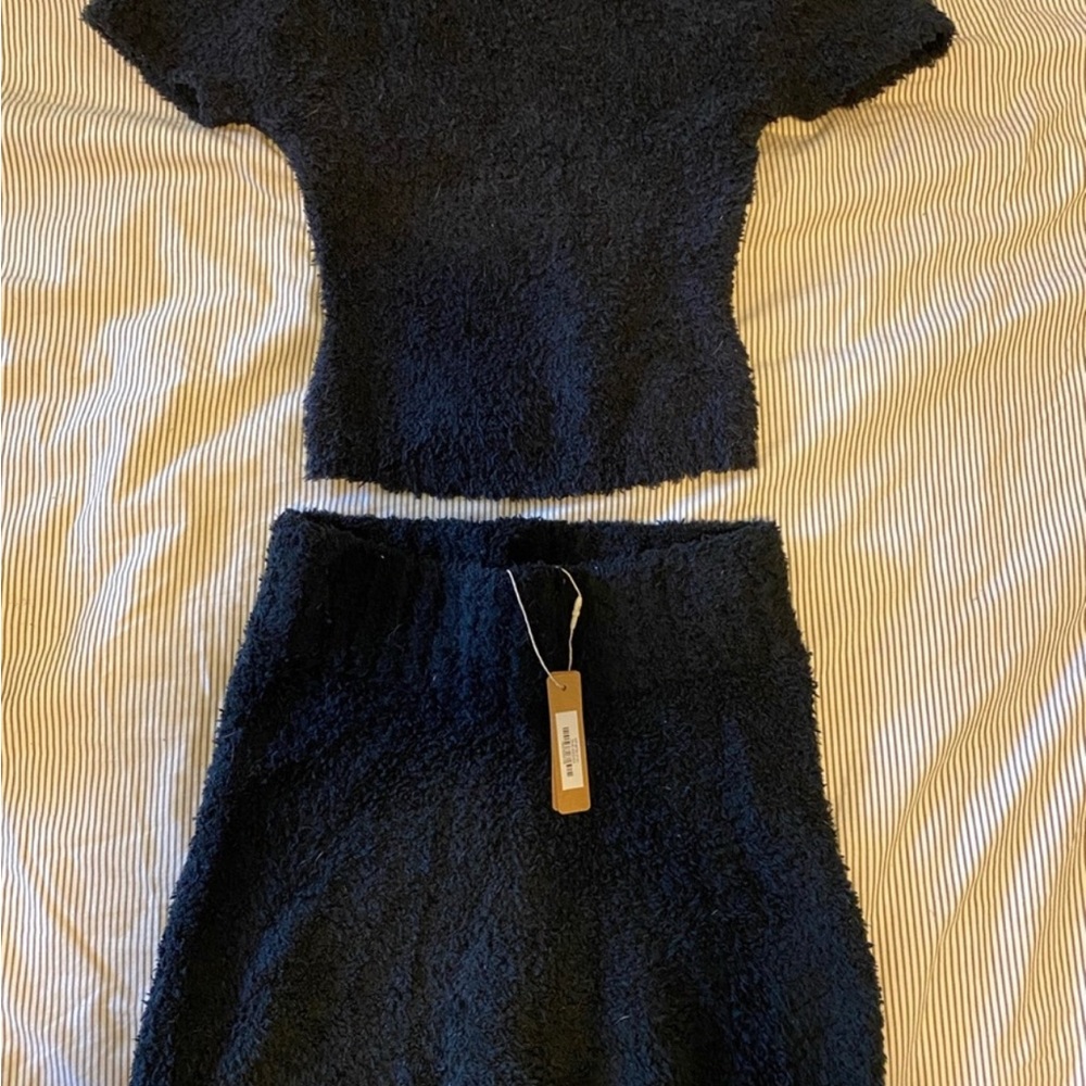 SKIMS Black Fuzzy Two-Piece Top and Skirt Set